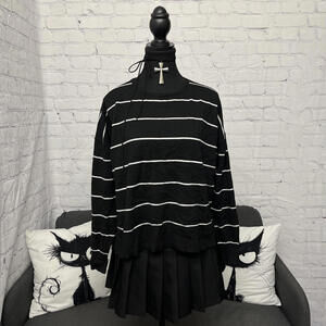 Grunge Pink Martini Black White Striped Oversized Asymmetrical Sweater Sz XS/S